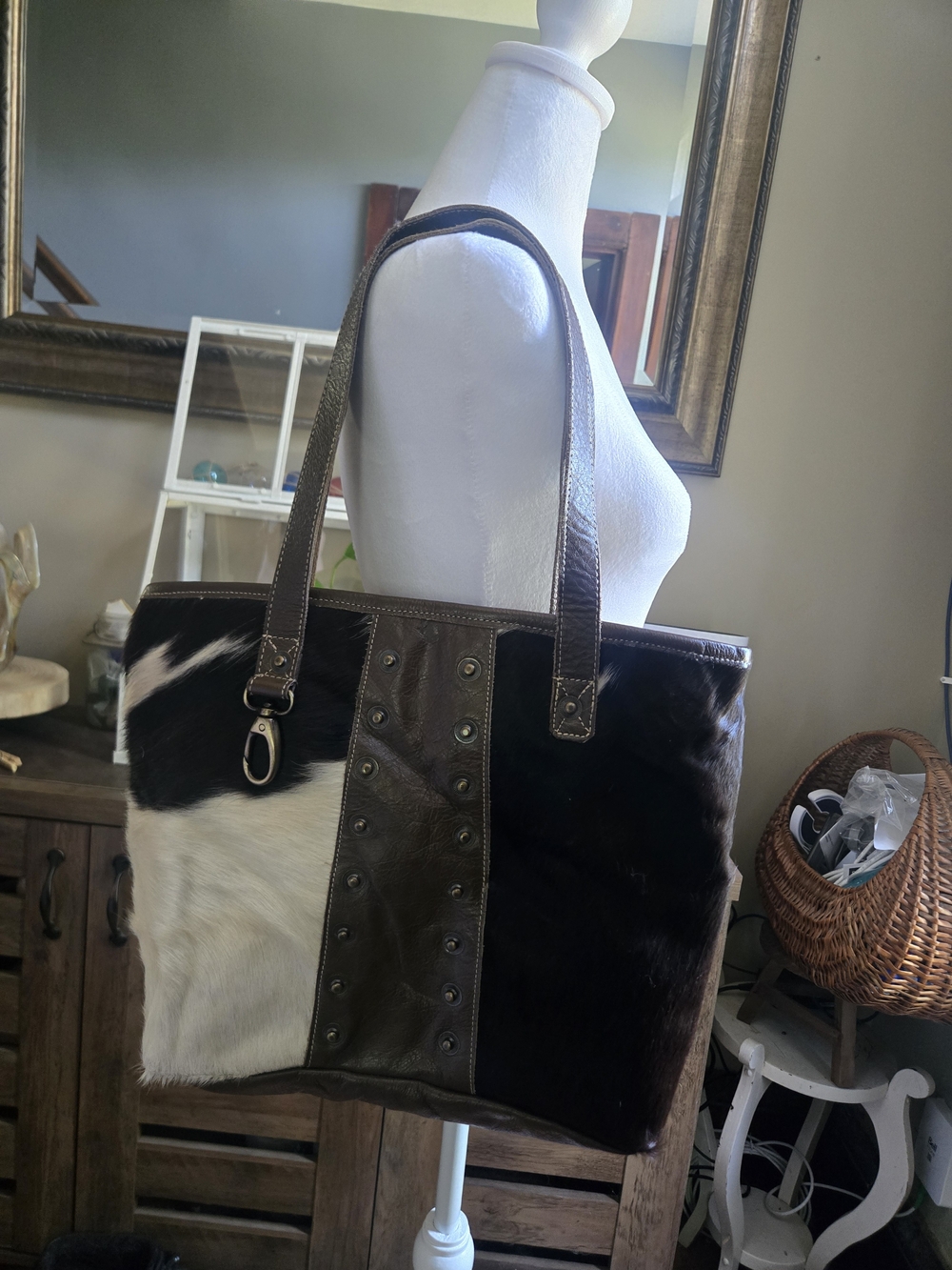 Handcrafted TRAVELTELI Leather and Cowhide Patchwork Tote Bag